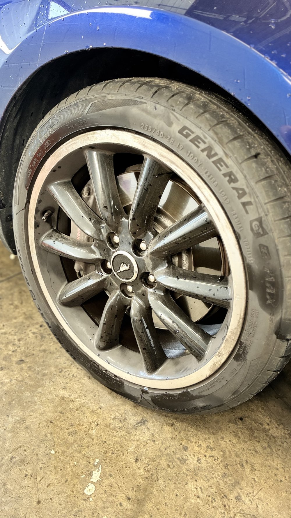 Mustang wheel coated in brake dust and road grime before cleaning